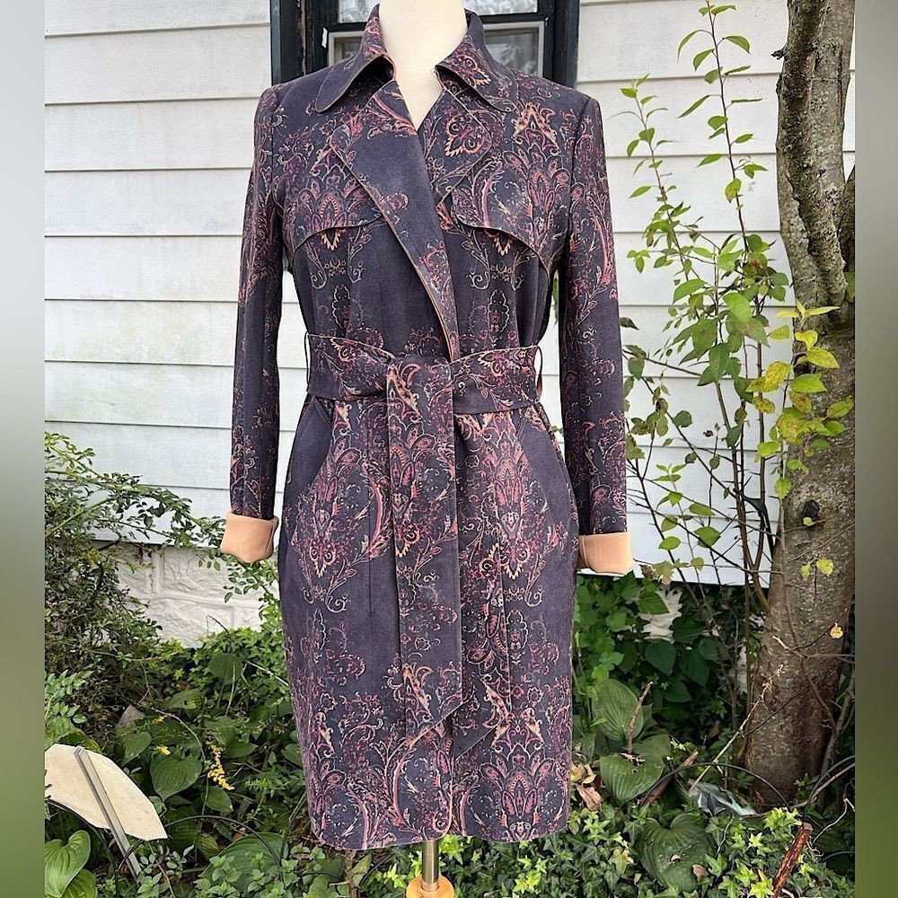 *** Solitaire Paisley Print Faux Suede Belted Long Sleeve Trench Coat (T)